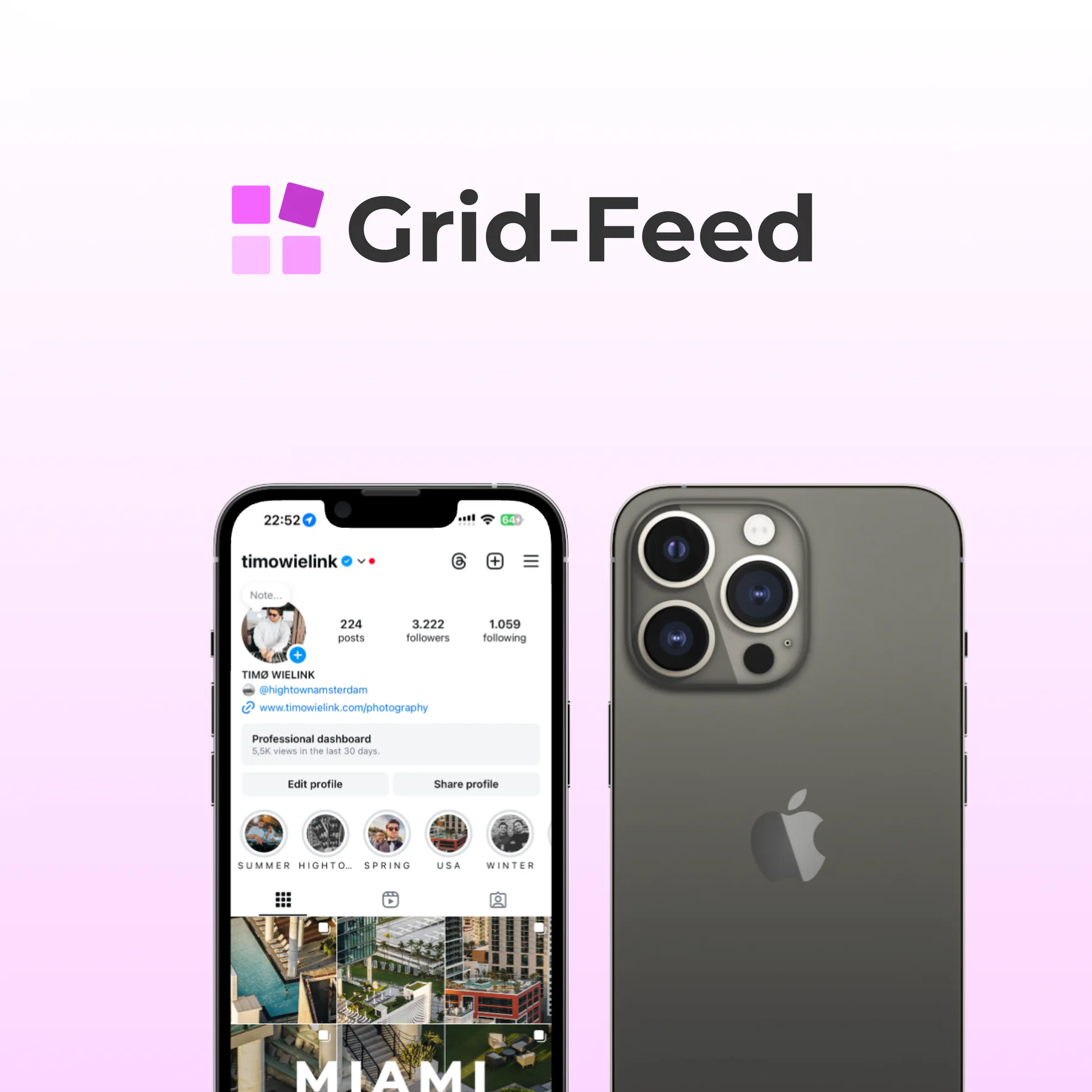 Grid-Feed logo above a phone showing an Instagram profile grid