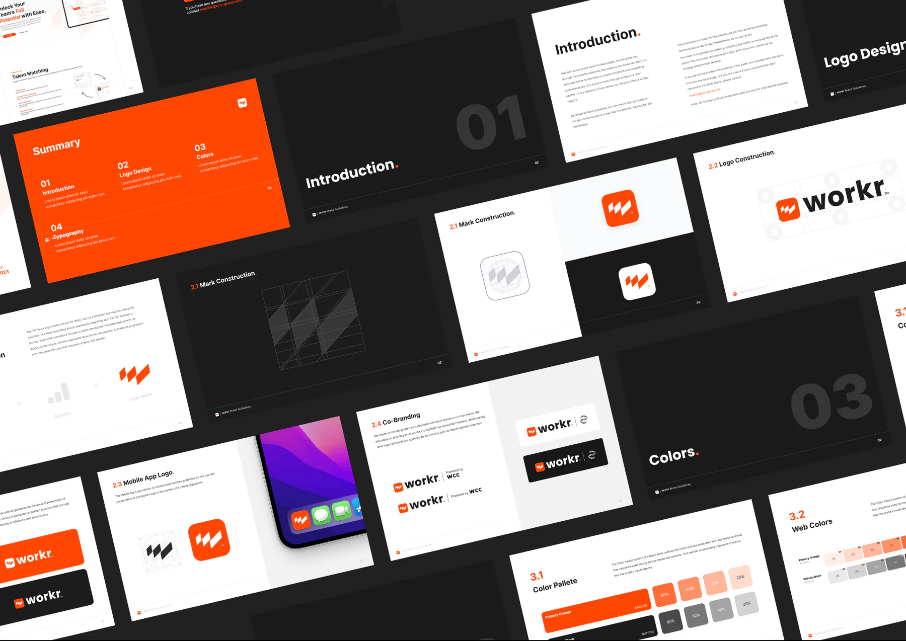 Pages from the Workr brand guidelines laid out at an angle